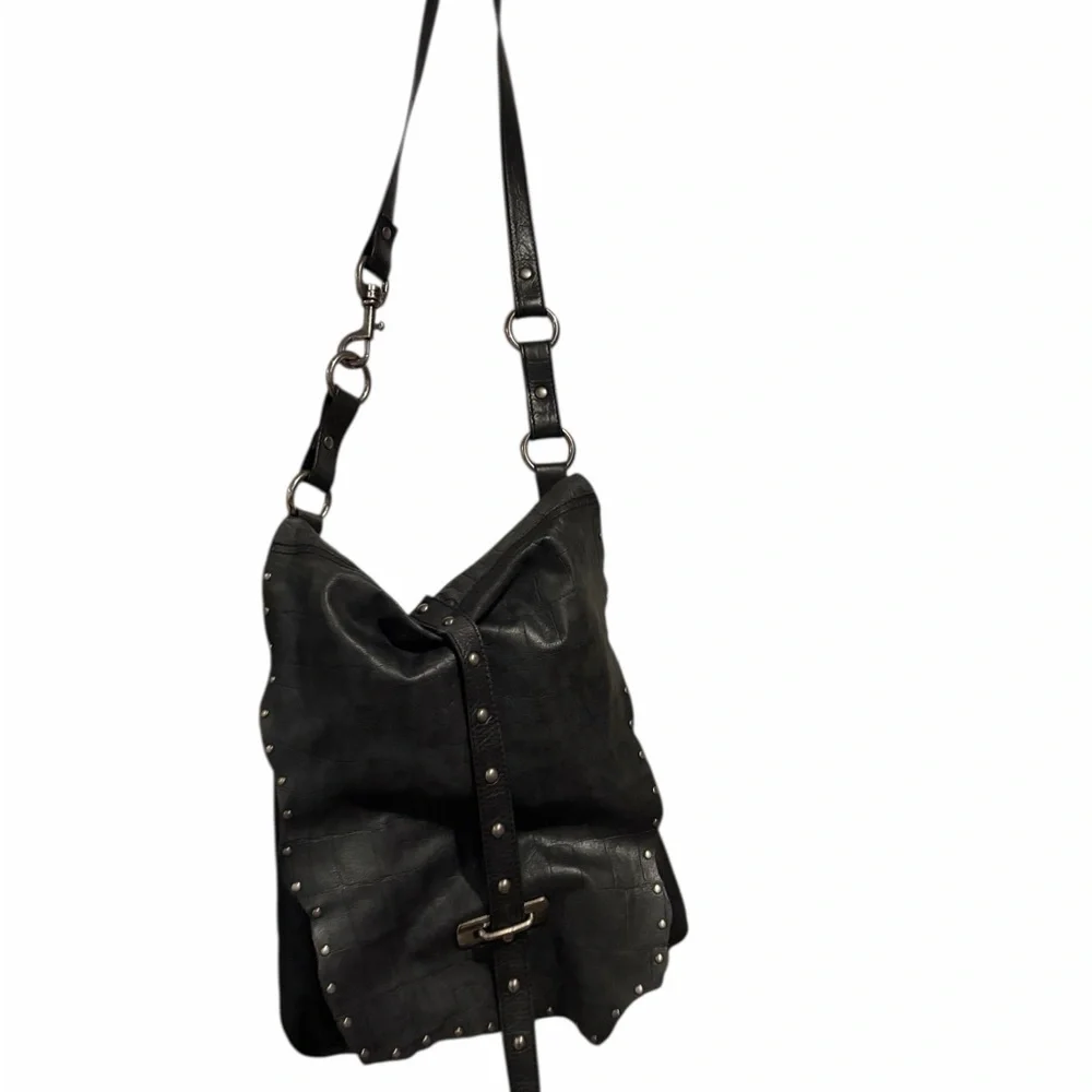 ABS Allen Schwartz Black Crocodile-Embossed Leather Studded Crossbody Bag - Picture 3 of 4